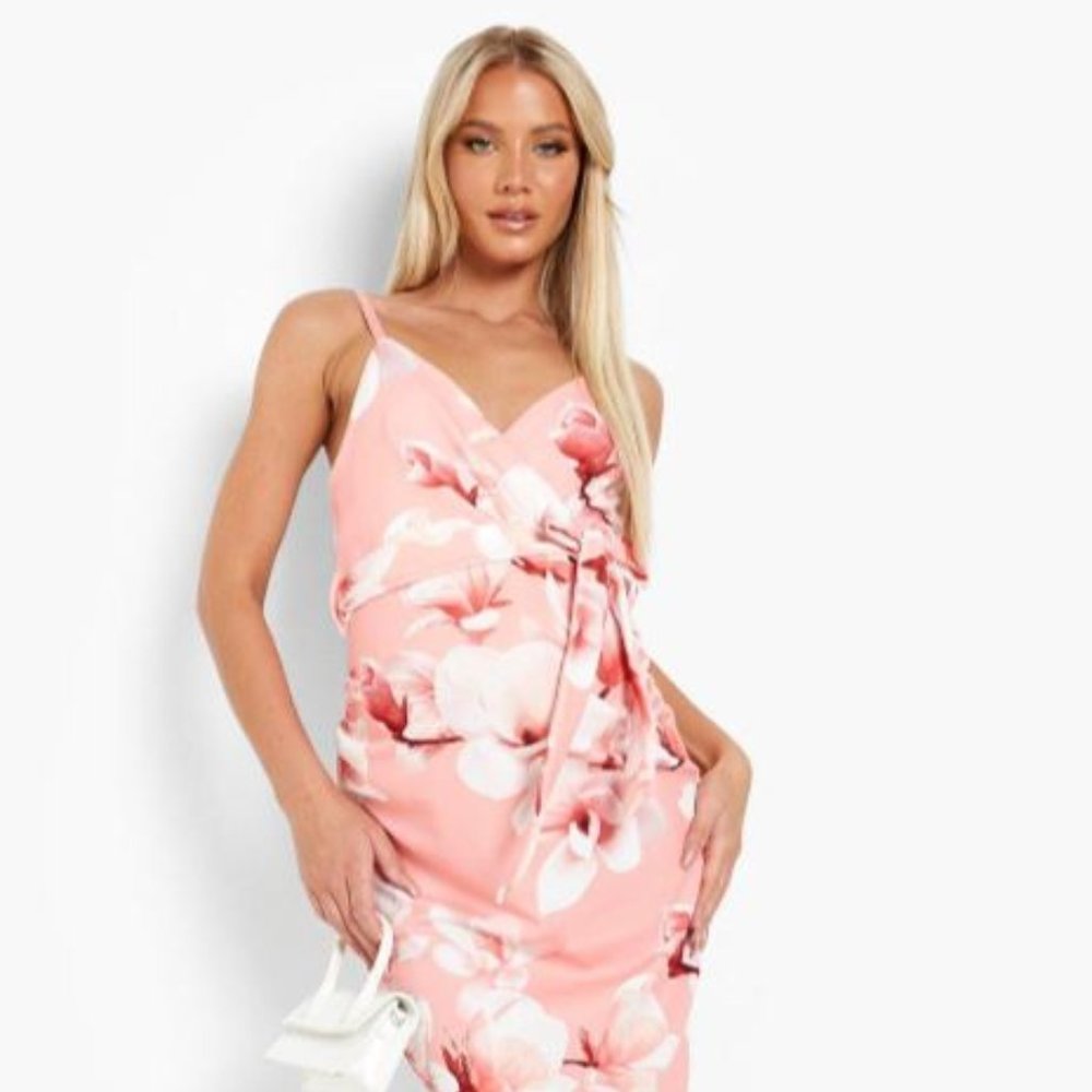 BOOHOO FLORAL WRAP FRILL MIDI DRESS 22/24